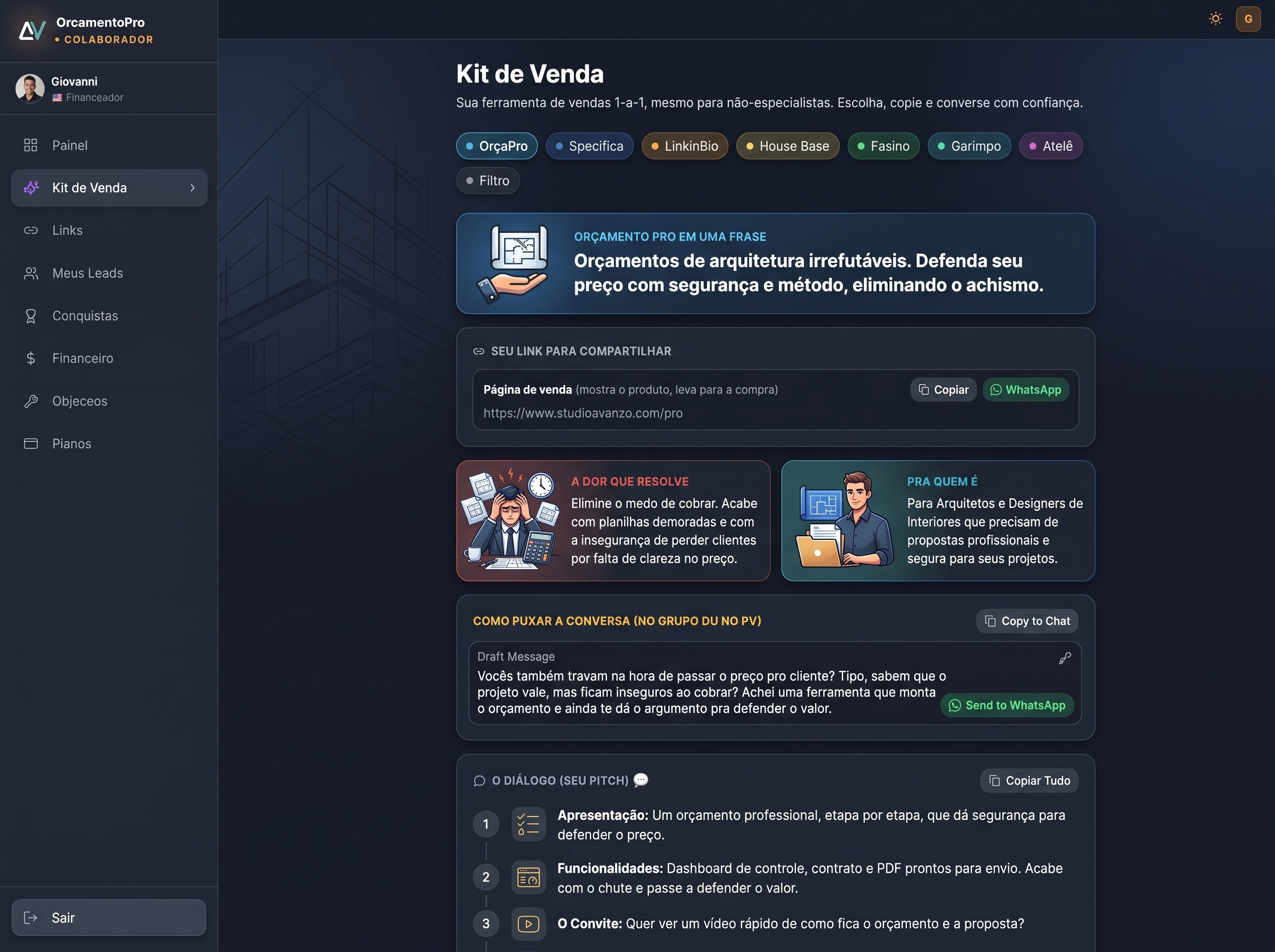 Painel do vendedor do Studio Avanzo, com ganhos, leads e conquistas