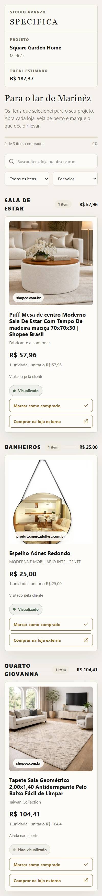 A lista da cliente no celular