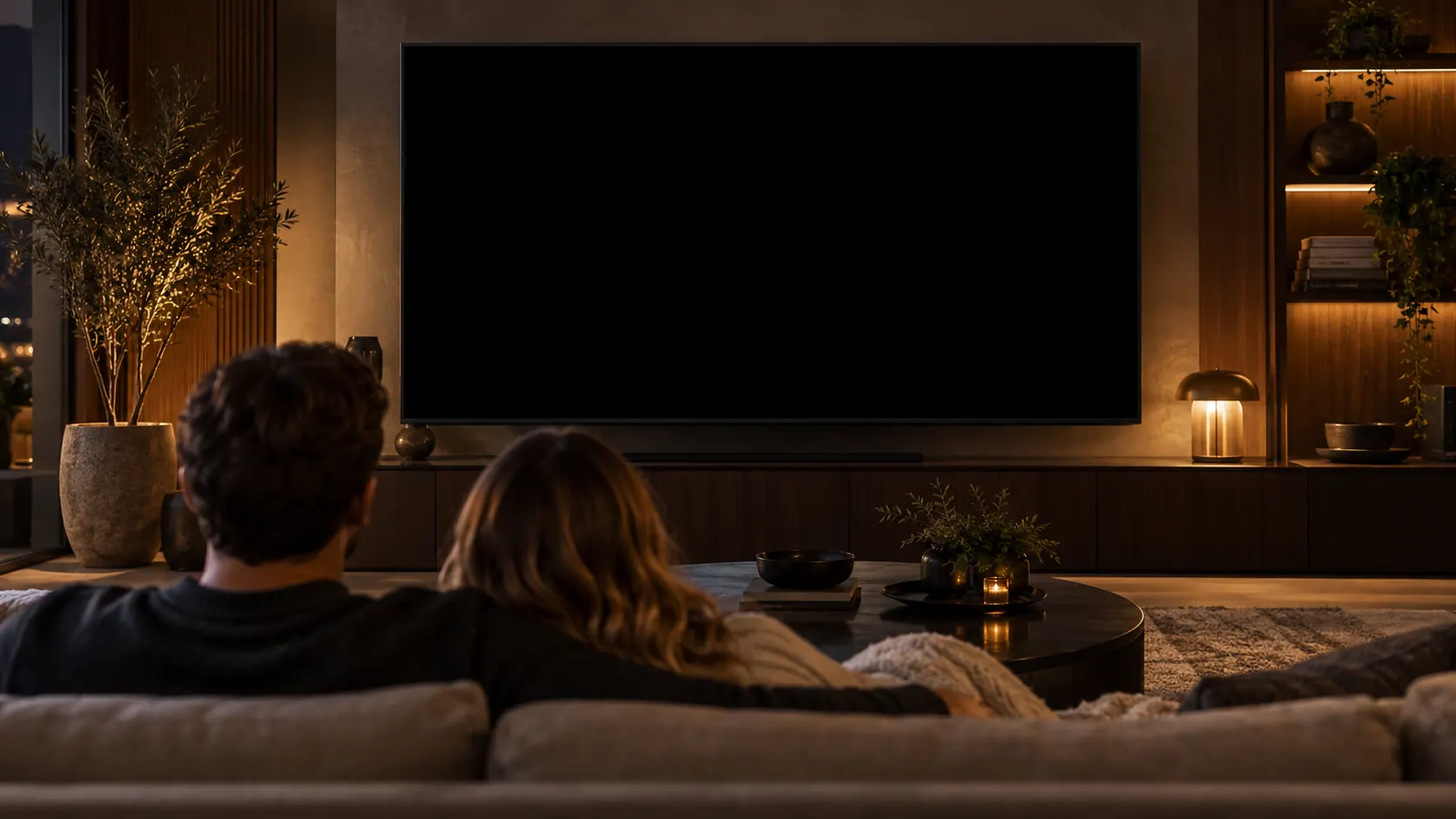 Casal no sofá vendo a apresentação da proposta na TV da sala