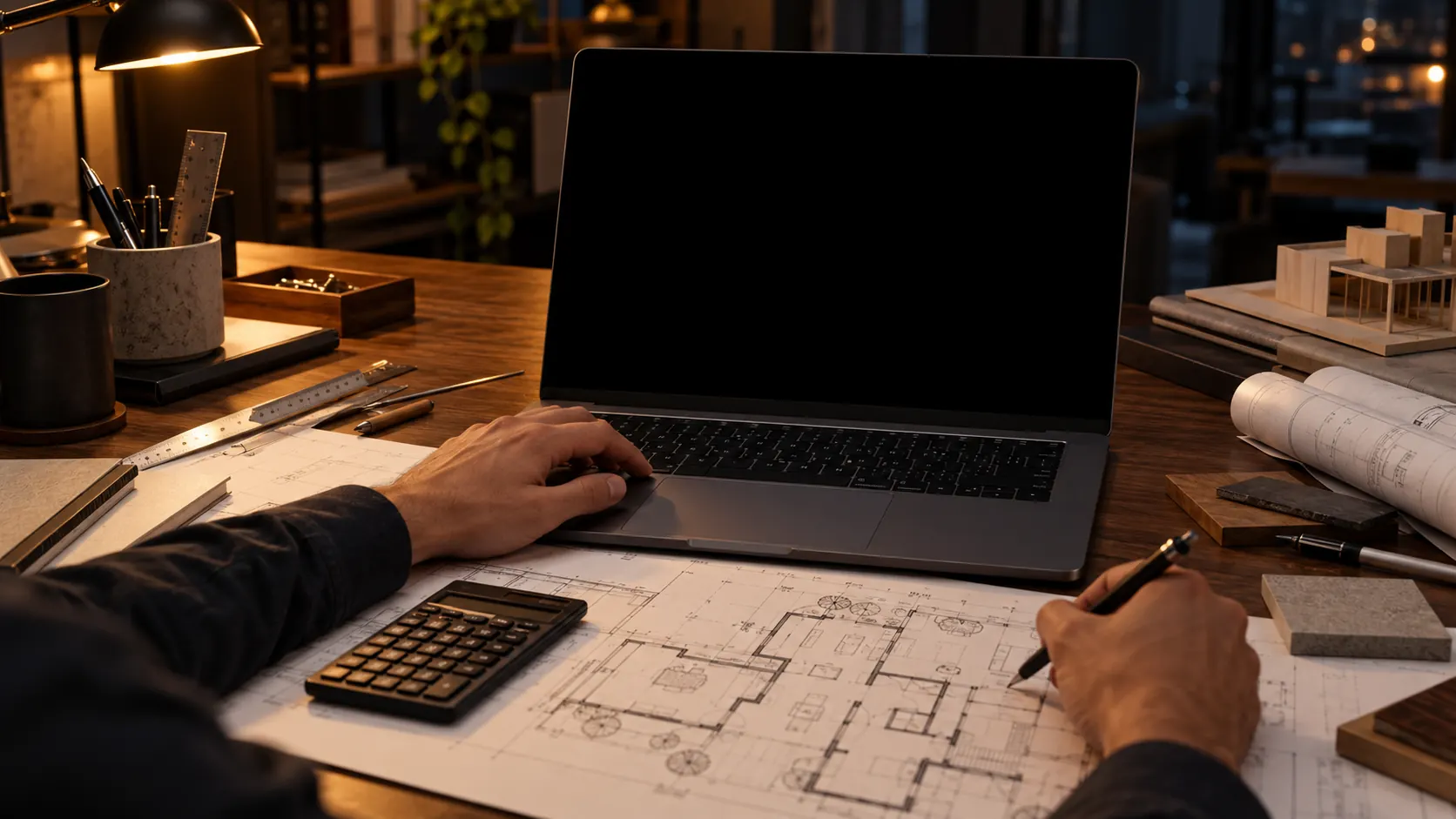 Profissional calculando os honorários no notebook, com a planta e a calculadora na mesa