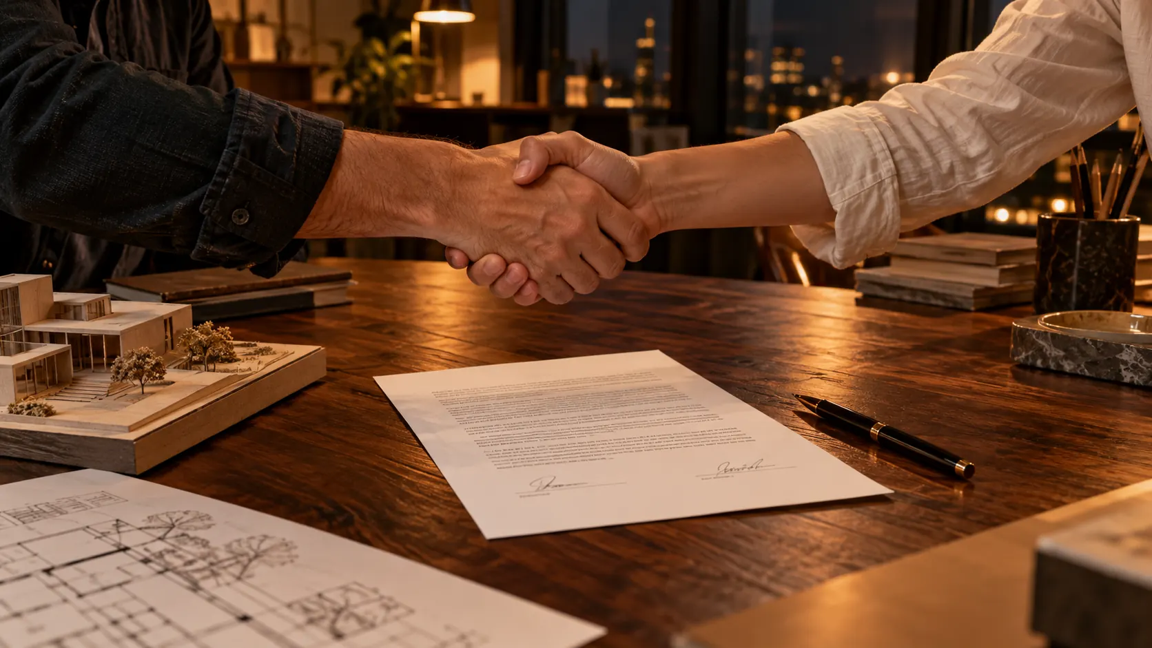 Aperto de mão sobre a mesa com o contrato assinado