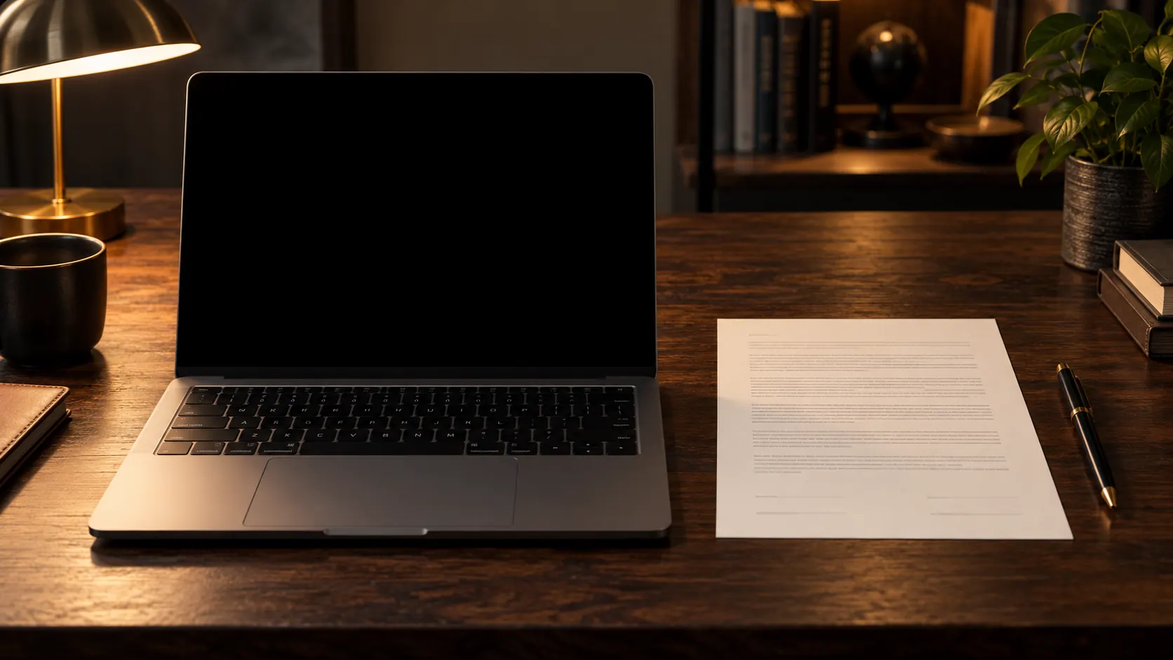 Notebook aberto com o editor de contrato e o contrato impresso ao lado, sobre a mesa