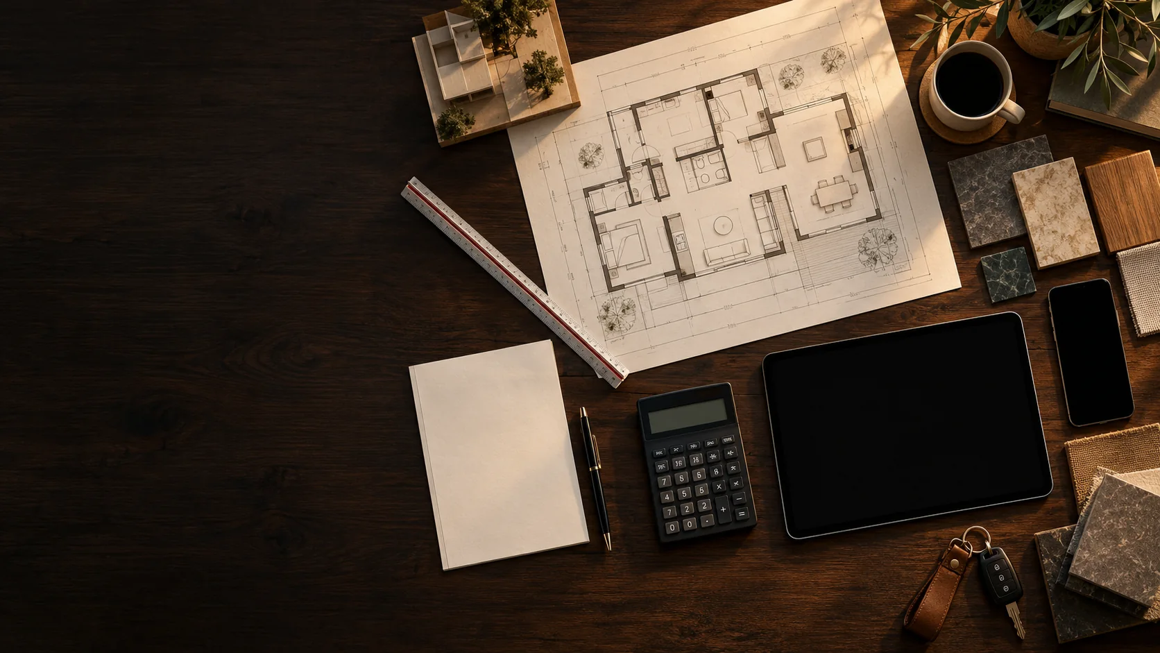 Mesa de arquiteto com planta, calculadora, contrato, tablet e celular, ao entardecer